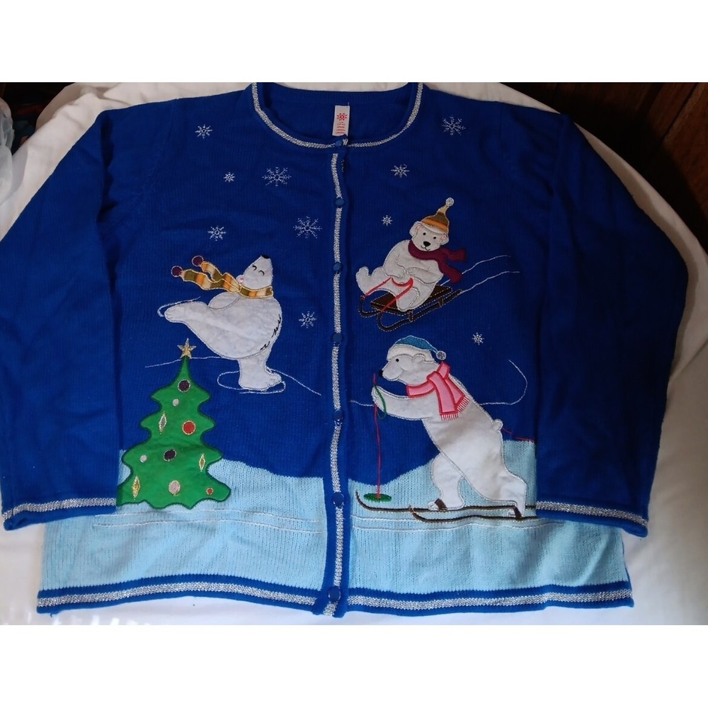 Women's Christmas Sweater L (12-14)‎ Polar Bears Embroidered Blue Ugly READ